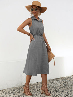 Front view of Striped Collared Neck Sleeveless Midi Dress