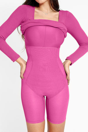 View of spanks under pink Basic Bae Full Size Built-In Shapewear Square Neck Long Sleeve Dress