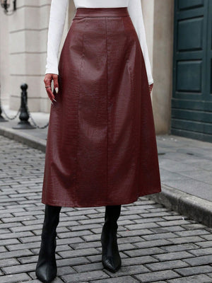 Burgundy High Waist Midi Skirt