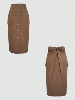 Brown pencil skirt with button details on a light gray background
