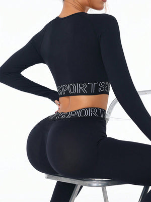 Back view of Letter Print Round Neck Long Sleeve Top and Leggings Active Set