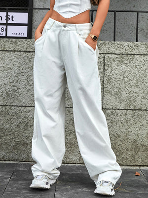 White Women's Wide Leg Jeans with Pockets