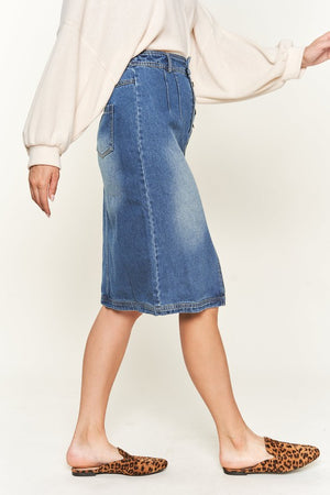 right view of Denim button down front midi skirt