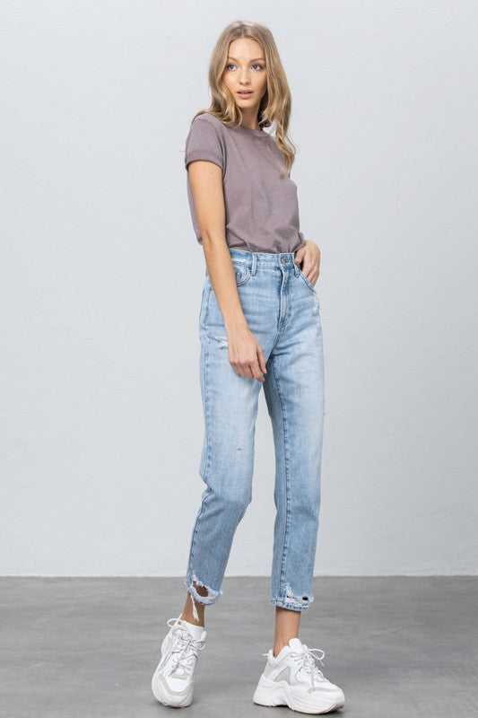 High Waist Ripped Hem Tapered Jeans for us