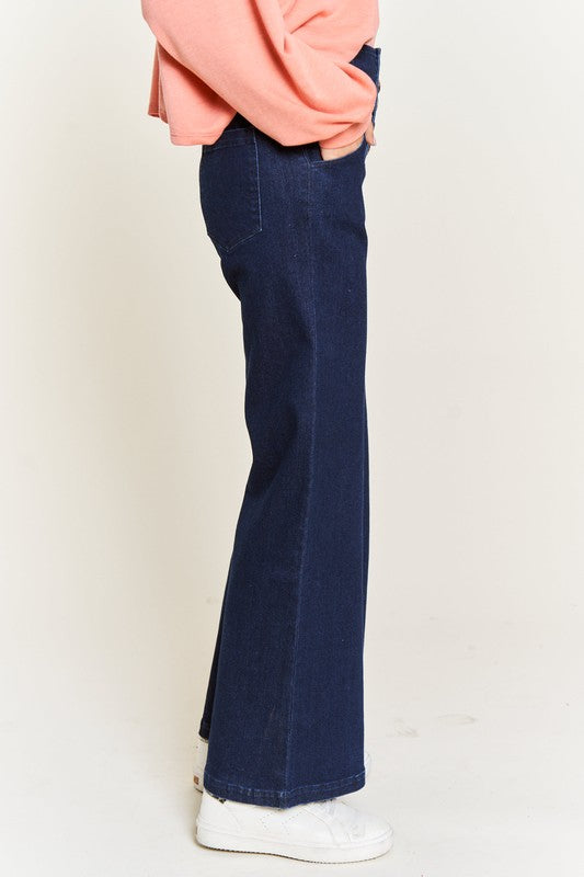 Close up side view of HIGH WAISTED BUTTON WIDE LEG JEANS