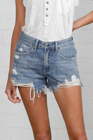 Front of HIGH RISE DESTROYED DENIM SHORTS