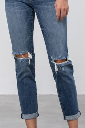 Close up of knees on Ripped Boyfriend Jeans