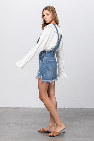 Denim FRAYED DETAIL OVERALL SKIRT