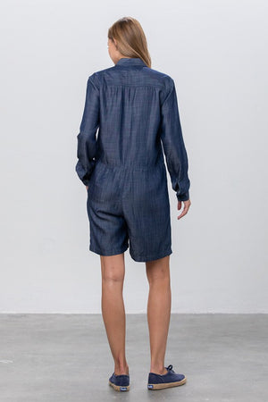 Model showing the back of Tencel Short Jumpsuit