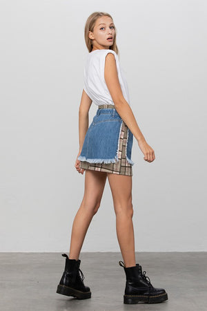 Right side view of PLAID CHECKER DENIM MINI SKIRT