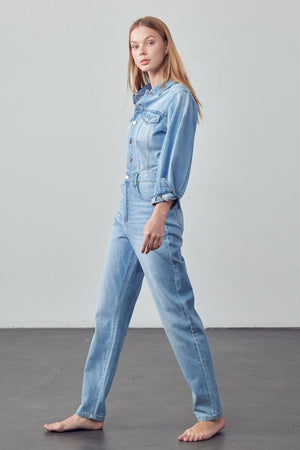 Left side view High Waist Flap Pocket Half Button Denim Jumpsuit