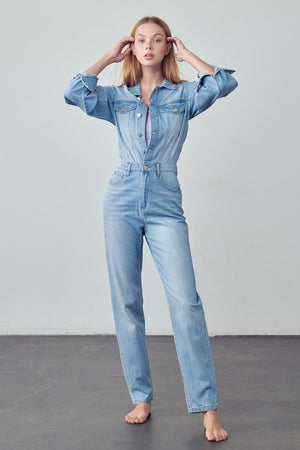 High Waist Flap Pocket Half Button Denim Jumpsuit for summer