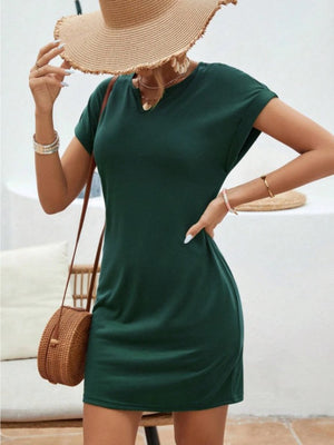 Green Notched Short Sleeve Mini Tee Dress