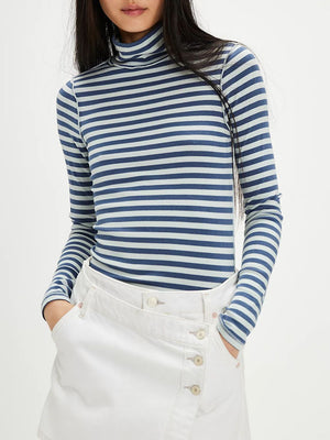 Blue Exposed Seam Striped Turtleneck Long Sleeve T-Shirt