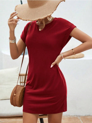 Burgundy Notched Short Sleeve Mini Tee Dress