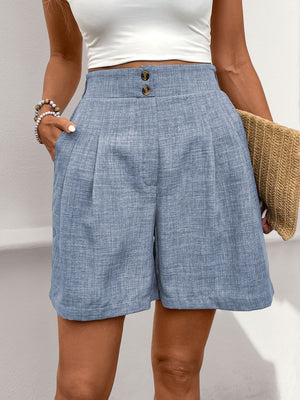 View of the pocket on blue Perfee Frill Shorts with Pockets