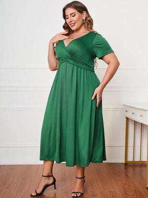 Full view of Honey Plus Size Short Sleeve Surplice Neck Midi Dress