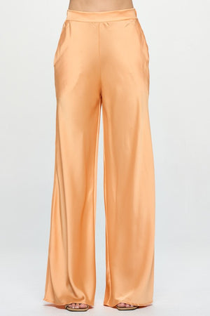 Back view Stretch Satin Pants w/ Elastic Waist and Pockets