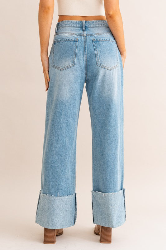 View of the back of High-Waisted Wide Leg Cuffed Jeans