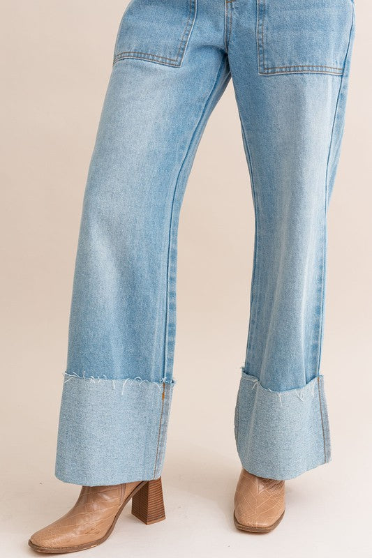 High-Waisted Wide Leg Cuffed Jeans for summer