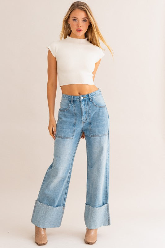 High-Waisted Wide Leg Cuffed Jeans for her