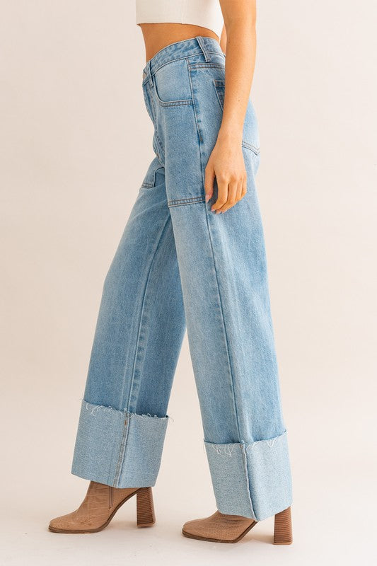 High-Waisted Wide Leg Cuffed Jeans for mom&#39;s