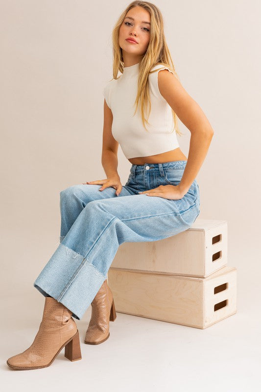 Sexy High-Waisted Wide Leg Cuffed Jeans
