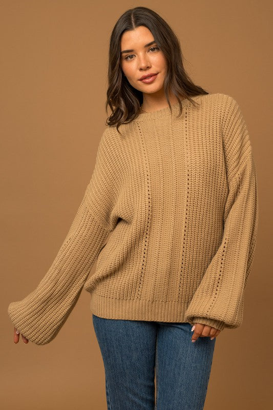 Brown Balloon Sleeve Braid Sweater