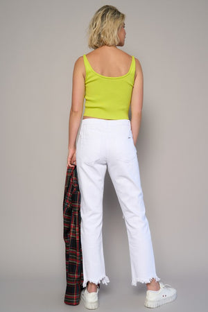 Model showing the back of HIGH RISE DESTROYED STRAIGHT CROP JEANS