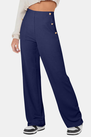 Blue Decorative Button High Rise Pants