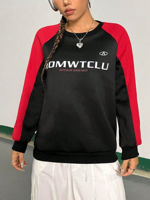front view of Letter Graphic Round Neck Long Sleeve Sweatshirt