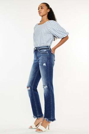 Side view of Kancan High Rise Distressed Slim Straight Jeans
