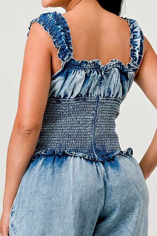 Close up back view of Chambray Charm Ruffled Jumpsuit