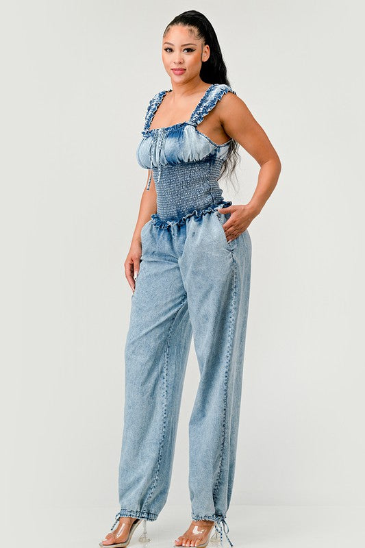Side view of Chambray Charm Ruffled Jumpsuit
