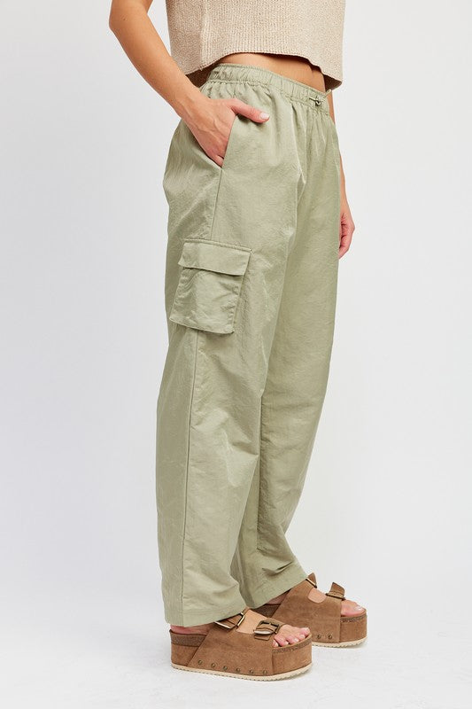 left side view of STRAIGHT LEG PANTS WITH ELASTIC WAIST BAND
