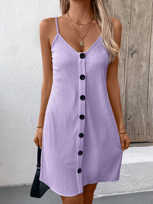 Front view of purple Ivy Lane Textured V-Neck Sleeveless Mini Cami Dress