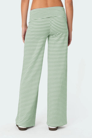 Back view of green Striped Wide Leg Pants