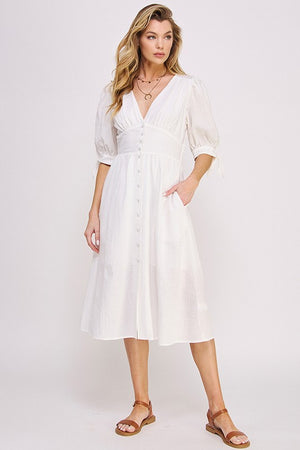 White 3/4 PUFF SLV TEXTURE VNECK BUTTON DOWN MIDI DRESS