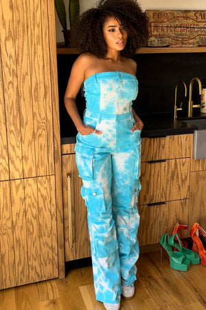 Trending Blue Tie Dye Strapless Utility Jumpsuit