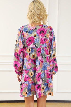 Back view of Women Floral Tie Neck Bubble Sleeve Shift Dress