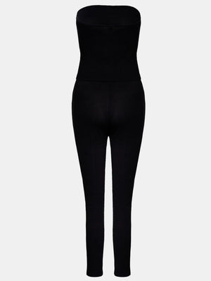 Black strapless jumpsuit on a white background