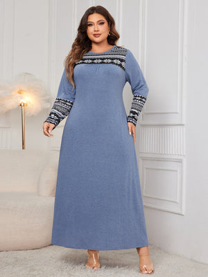 Front view of Honey Plus Size Printed Round Neck Long Sleeve Dress