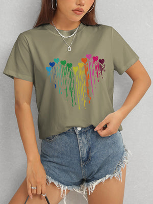 Green Heart Round Neck Short Sleeve T-Shirt