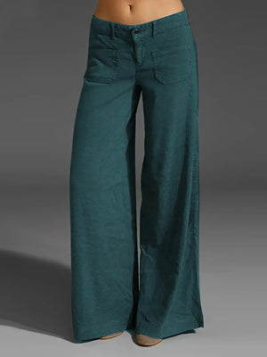Teal wide-leg pants on a gray background