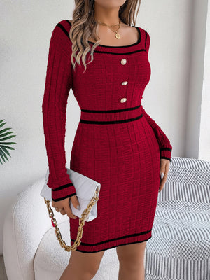 Red Contrast Trim Long Sleeve Sweater Dress