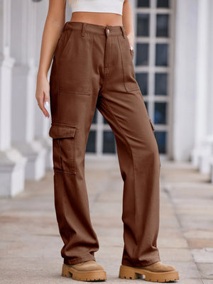 Brown cargo pants worn by a person on a blurred background