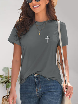 Gray Cross Graphic Round Neck T-Shirt