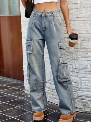 Women Washed Cargo Jeans with Pockets