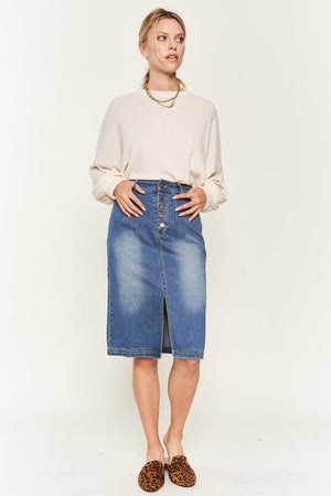 A full body view of Denim button down front midi skirt