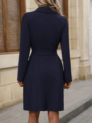 Back view of Double-Breasted Lapel Collar Long Sleeve Dress